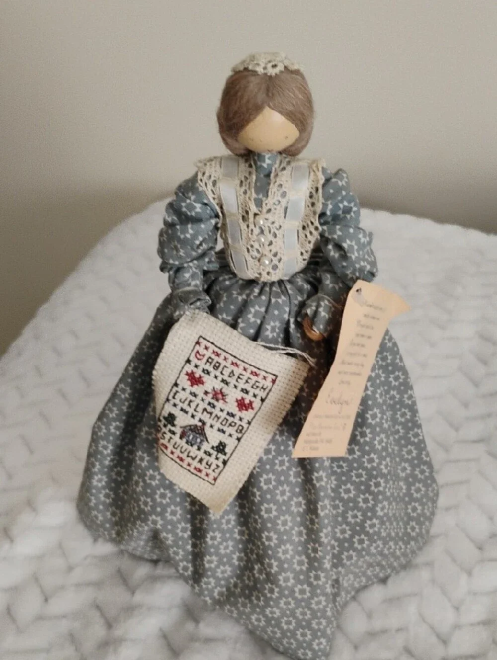 Vintage Handcrafted Gray Star-Pattern Decorative Doll with Cross-Stitch Apron